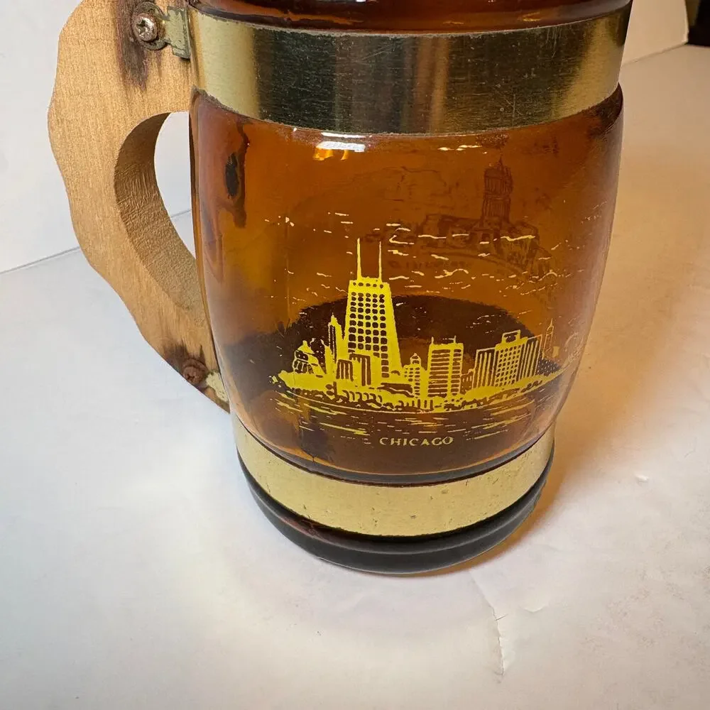 Vintage Illinois Souvenir Brown Glass Barrel Mug Wood Handle Lincoln